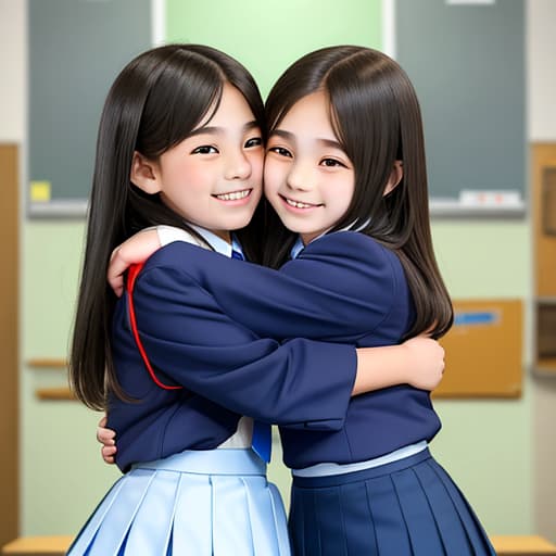  Two junior high schoolers hugging each other, wearing school uniforms,