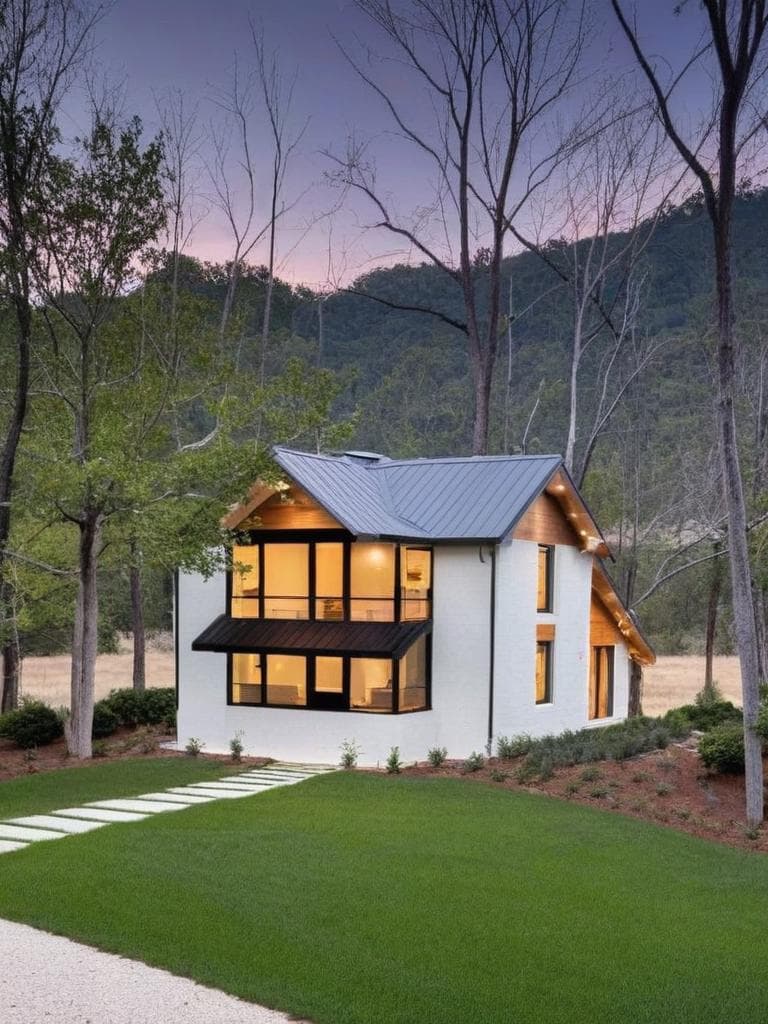 redesign the building exterior in a modern minimalist architectural style, featuring smooth white concrete walls, large glass windows, clean lines, and ambient exterior lighting. replace traditional design elements with sleek, contemporary finishes. keep the perspective and overall structure intact