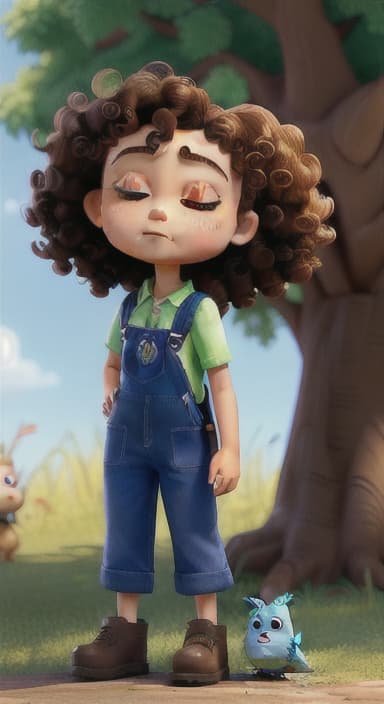  {Riley standing under the tree with eyes closed, making the wish., Riley, a curious with big brown eyes and curly hair, wearing overalls and carrying a small backpack. Their friend, Skye, a bluebird with shiny feathers.