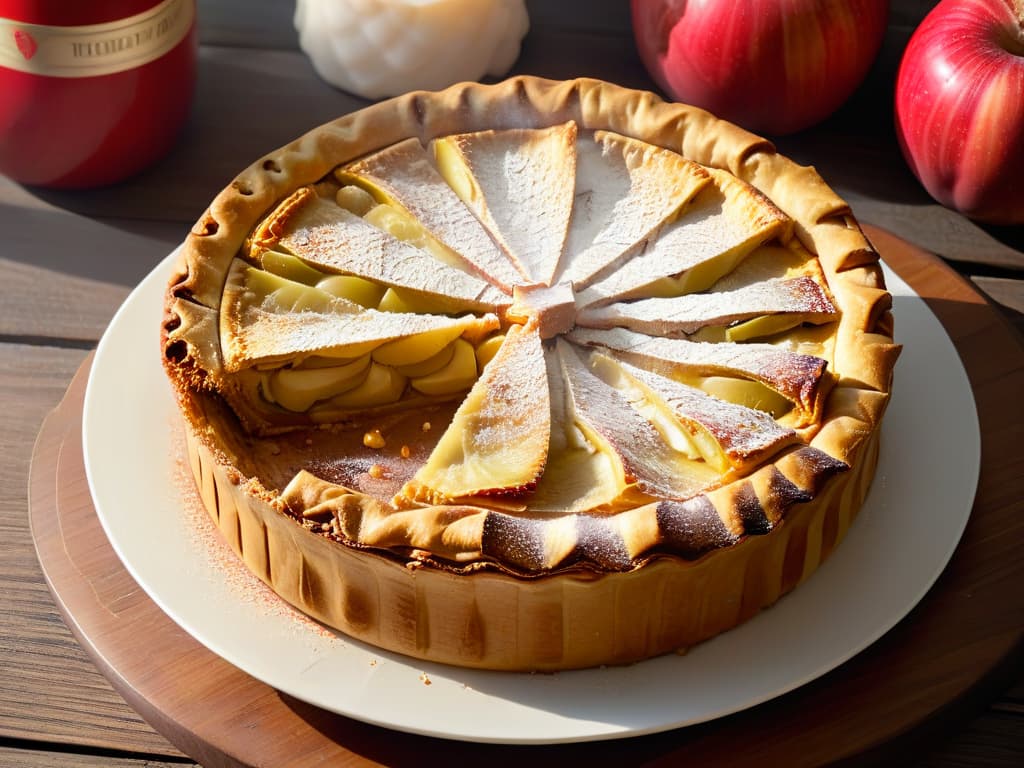  A closeup, ultradetailed image of a golden, freshly baked glutenfree apple pie with a perfectly flaky crust, sitting on a rustic wooden table. The pie is sprinkled with a light dusting of cinnamon and sugar, with steam rising from the warm filling of spiced apples. The sunlight filters through a nearby window, casting a soft glow on the dessert, highlighting its delicious texture and inviting presentation. hyperrealistic, full body, detailed clothing, highly detailed, cinematic lighting, stunningly beautiful, intricate, sharp focus, f/1. 8, 85mm, (centered image composition), (professionally color graded), ((bright soft diffused light)), volumetric fog, trending on instagram, trending on tumblr, HDR 4K, 8K