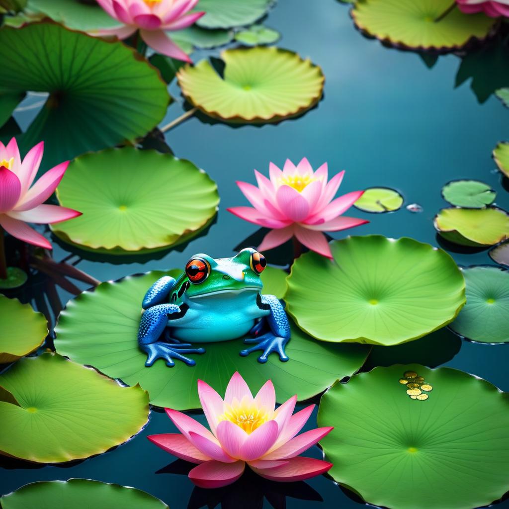  ethereal fantasy concept art of (Background): a lake with blooming lotuses of different shades: from white pink to bright crimson and leaves of tender green colour. The sky above the lake of dark blue colour with golden stars scattered on it. (Fantasy Princess Frog): in the centre of the lake on the biggest lotus flower sits a charming frog in a golden crown decorated with blue and blue precious stones. In his paws he holds a ring decorated with blue stones. Style: fantasy, Russian fairy tales, illustrations. . magnificent, celestial, ethereal, painterly, epic, majestic, magical, fantasy art, cover art, dreamy hyperrealistic, full body, detailed clothing, highly detailed, cinematic lighting, stunningly beautiful, intricate, sharp focus, f/1. 8, 85mm, (centered image composition), (professionally color graded), ((bright soft diffused light)), volumetric fog, trending on instagram, trending on tumblr, HDR 4K, 8K