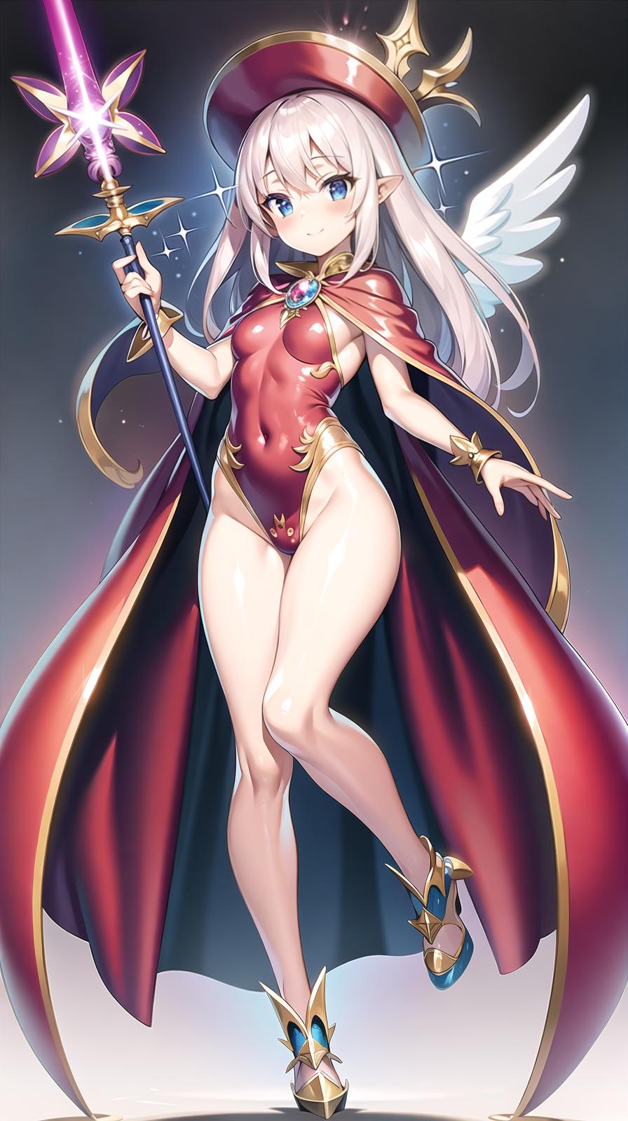  master piece , best quality,Magical hat, magical wand, jewelry, leotard, long cape, ribbons, gloves, angel rings, angel wings, long pink two side up hair, big s, red costume, transformation, full body