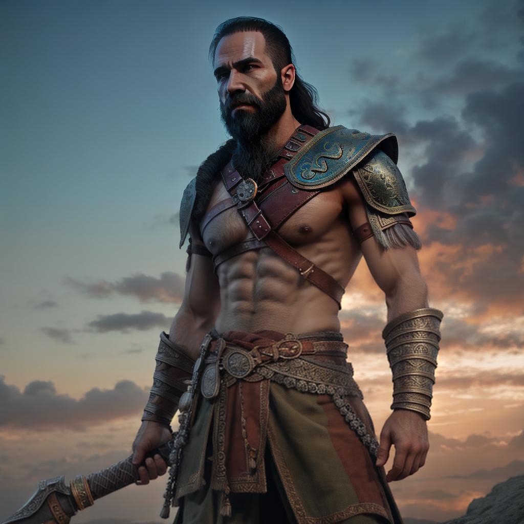  God of war hyperrealistic, full body, detailed clothing, highly detailed, cinematic lighting, stunningly beautiful, intricate, sharp focus, f/1. 8, 85mm, (centered image composition), (professionally color graded), ((bright soft diffused light)), volumetric fog, trending on instagram, trending on tumblr, HDR 4K, 8K