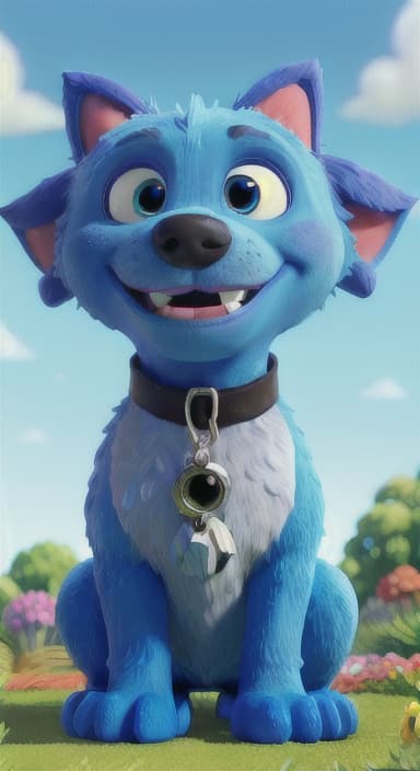  {Max carefully picking up the ball with his teeth without disturbing the flowers, The big blue dog is large with sky blue fur, big round eyes, a black nose, and floppy ears.