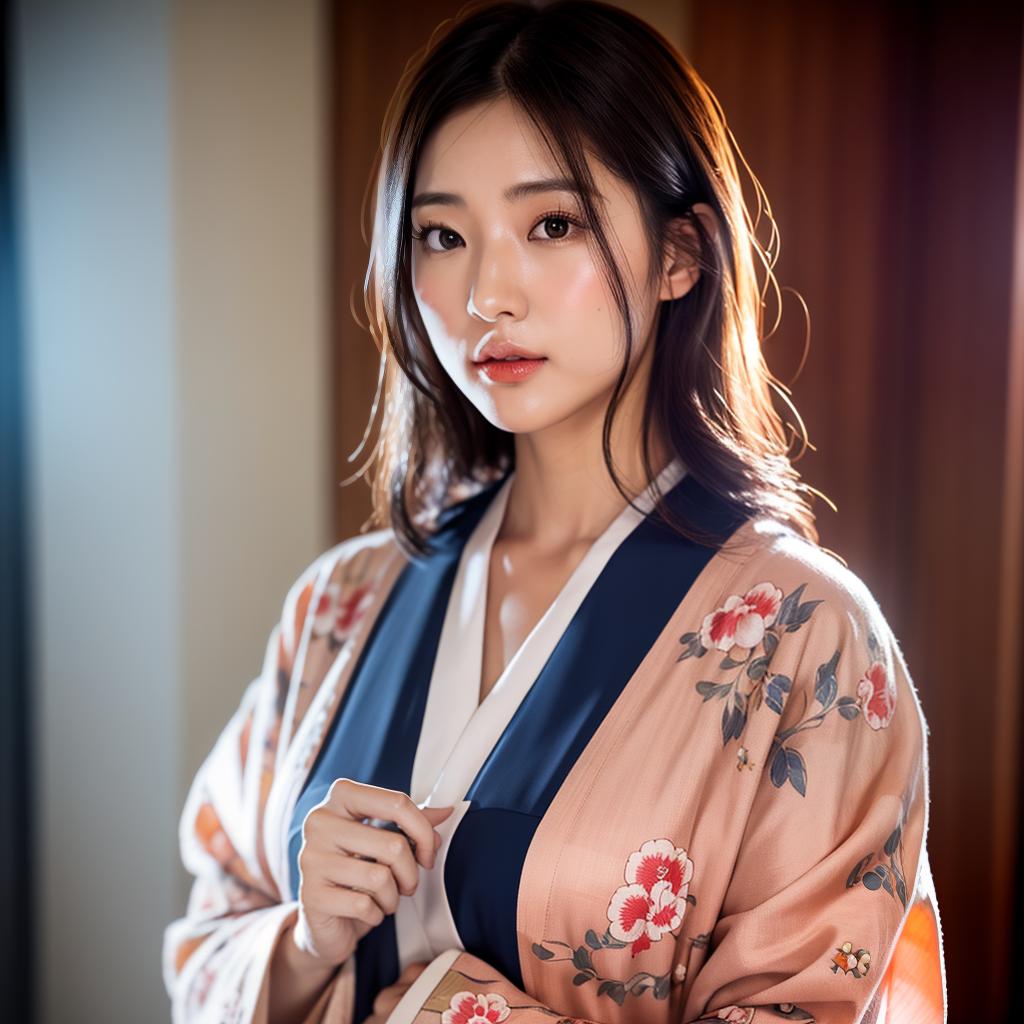  (masterpiece:1.3), (8k, photorealistic, photo, best quality: 1.4), (Japanese woman wearing clothes:),(realistic face), realistic eyes, (realistic skin), beautiful skin, kimono, (perfect body:1.3), (detailed body:1.2), hyperrealistic, full body, detailed clothing, highly detailed, cinematic lighting, stunningly beautiful, intricate, sharp focus, f/1. 8, 85mm, (centered image composition), (professionally color graded), ((bright soft diffused light)), volumetric fog, trending on instagram, trending on tumblr, HDR 4K, 8K