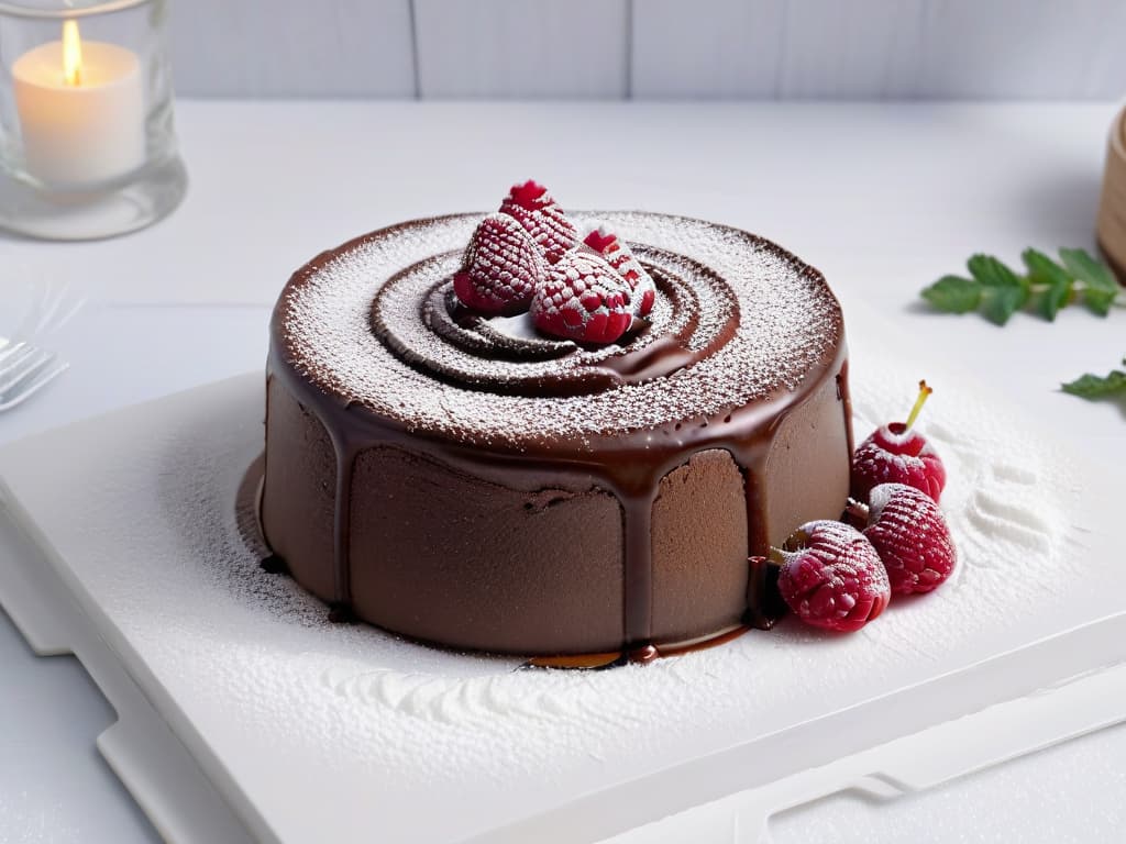  A closeup, ultradetailed image of a decadent chocolate lava cake with a gooey center oozing out onto a sleek, minimalist plate. The cake is garnished with a single vibrant red raspberry and a dusting of powdered sugar, all set against a stark white backdrop to emphasize the richness and elegance of the dessert. hyperrealistic, full body, detailed clothing, highly detailed, cinematic lighting, stunningly beautiful, intricate, sharp focus, f/1. 8, 85mm, (centered image composition), (professionally color graded), ((bright soft diffused light)), volumetric fog, trending on instagram, trending on tumblr, HDR 4K, 8K