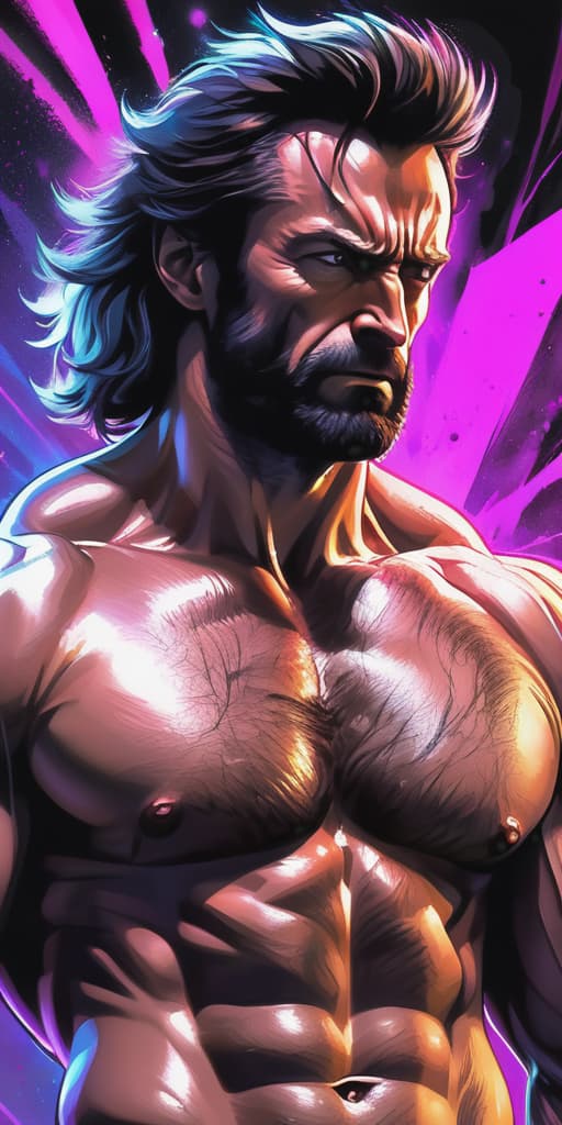  vapor wave art style,  Hugh Jackman wolverine from x-men fighting with clenched fist, feral, hairy, shirtless, sweating, full body, anatomically correct, super muscular, vascular, hyper realistic, 4k, night time, illustration,  masterpiece, artwork, high detail, fine details