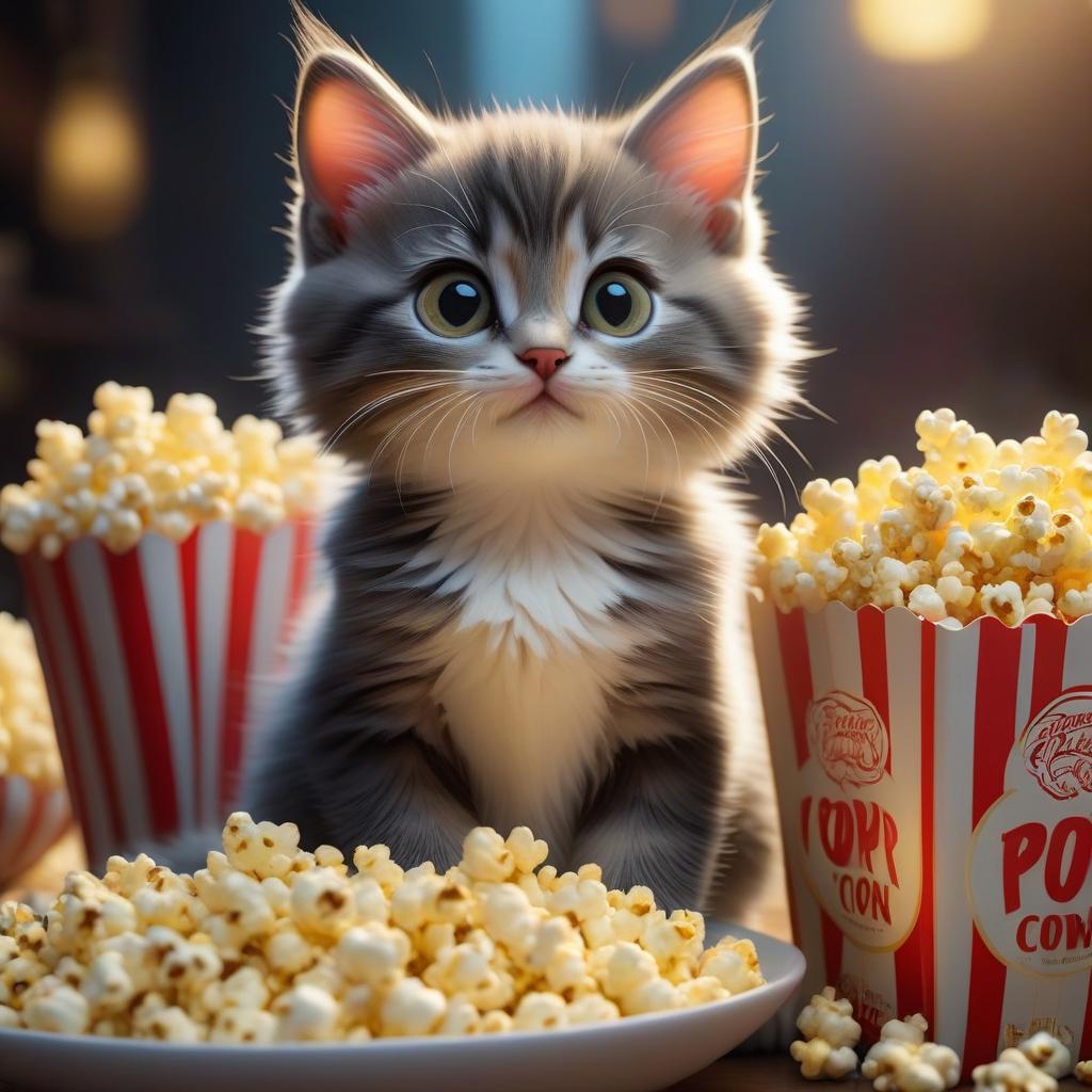  breathtaking A kitten watches a movie with popcorn in a pleasant atmosphere. . award winning, professional, highly detailed hyperrealistic, full body, detailed clothing, highly detailed, cinematic lighting, stunningly beautiful, intricate, sharp focus, f/1. 8, 85mm, (centered image composition), (professionally color graded), ((bright soft diffused light)), volumetric fog, trending on instagram, trending on tumblr, HDR 4K, 8K