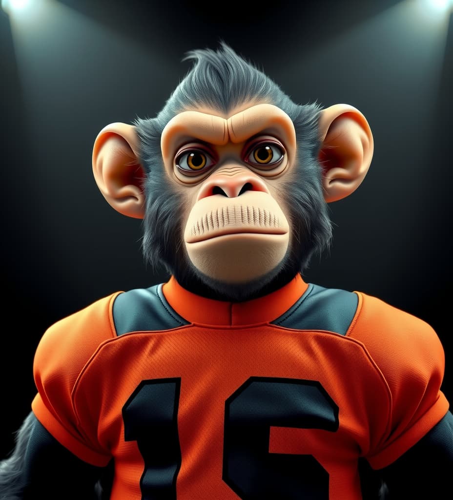  good quality, high quality, a striking 3d render of an anthropomorphic monkey with a slightly disgruntled expression, wearing an orange football jersey and oversized ears. the monkey gazes arrogantly into the camera, exuding an air of confidence and charisma. the background is dark, with a spotlight illuminating the monkey, creating a dramatic, cinematic feel to the image., cinematic, 3d render, photo