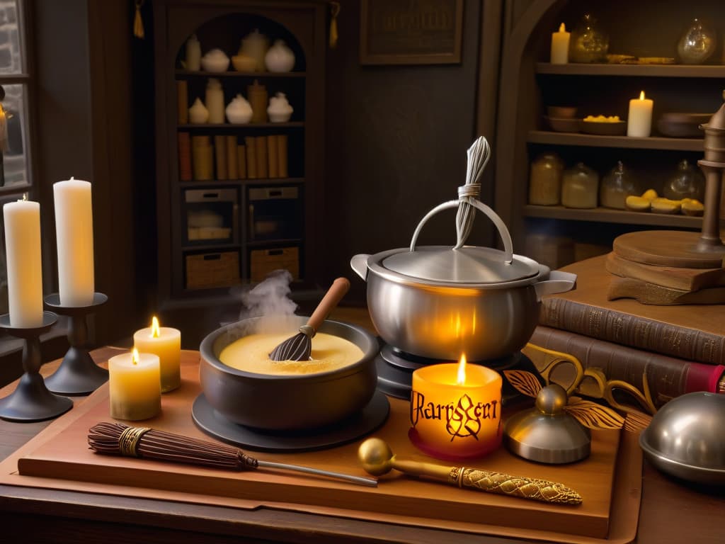  An ultradetailed, photorealistic image of a professional baking set inspired by Harry Potter, featuring intricately designed baking tools like a wandshaped whisk, a sorting hat measuring cup, a golden snitch timer, and a cauldron mixing bowl. The background showcases a kitchen adorned with magical elements like floating candles, spell books, and potion ingredients, creating an enchanting and inspiring atmosphere for any aspiring wizard baker. hyperrealistic, full body, detailed clothing, highly detailed, cinematic lighting, stunningly beautiful, intricate, sharp focus, f/1. 8, 85mm, (centered image composition), (professionally color graded), ((bright soft diffused light)), volumetric fog, trending on instagram, trending on tumblr, HDR 4K, 8K