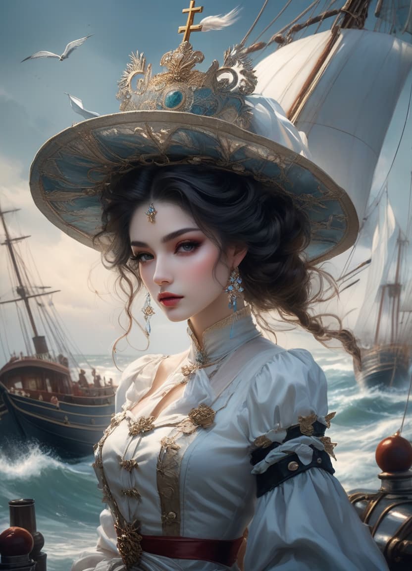  nautical themed White, and black, young woman, arrogant, stuck up, sick of everything, tired of you, Style by Harrison Fisher and Brian Froud and Jeremy Mann and Alexandre Cabanel and Giovanni Boldini and Keith Parkinson . sea, ocean, ships, maritime, beach, marine life, highly detailed hyperrealistic, full body, detailed clothing, highly detailed, cinematic lighting, stunningly beautiful, intricate, sharp focus, f/1. 8, 85mm, (centered image composition), (professionally color graded), ((bright soft diffused light)), volumetric fog, trending on instagram, trending on tumblr, HDR 4K, 8K