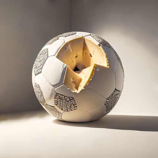  Raw photograph of a large wheel of cheese (shaped like a soccer ball), with intricate details and textures, against a plain white background, in natural lighting with minimal post processing. style RAW, best quality, masterpiece