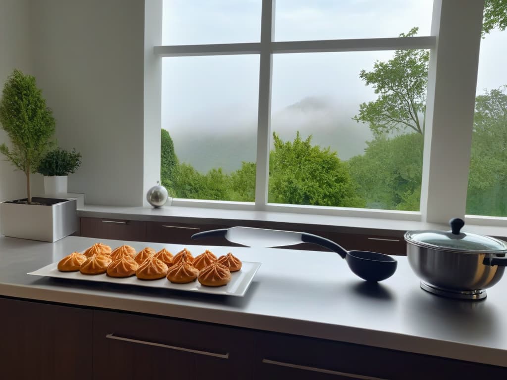  An image of a sleek, modern kitchen with marble countertops, stainless steel appliances, and a minimalist white color palette. A large window floods the space with natural light, showcasing a beautiful view of a serene garden. In the center of the kitchen, a pristine wooden table is set up with various baking tools like mixing bowls, measuring cups, and a stand mixer. The scene exudes a sense of tranquility and sophistication, inviting the viewer to imagine themselves honing their pastry skills in this elegant setting. hyperrealistic, full body, detailed clothing, highly detailed, cinematic lighting, stunningly beautiful, intricate, sharp focus, f/1. 8, 85mm, (centered image composition), (professionally color graded), ((bright soft diffused light)), volumetric fog, trending on instagram, trending on tumblr, HDR 4K, 8K