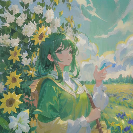  master piece , best quality,Girl in a field of flowers Green