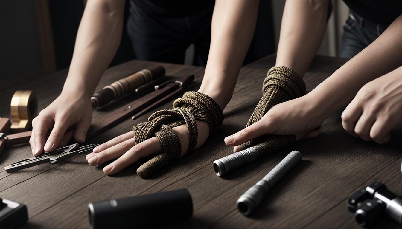  cinematic, aesthetic, Close up of intertwined working hands, holding tools of various trades, detailed textures, suggesting cooperation and effort, practical, engaged, 4k, HDR, lens flare