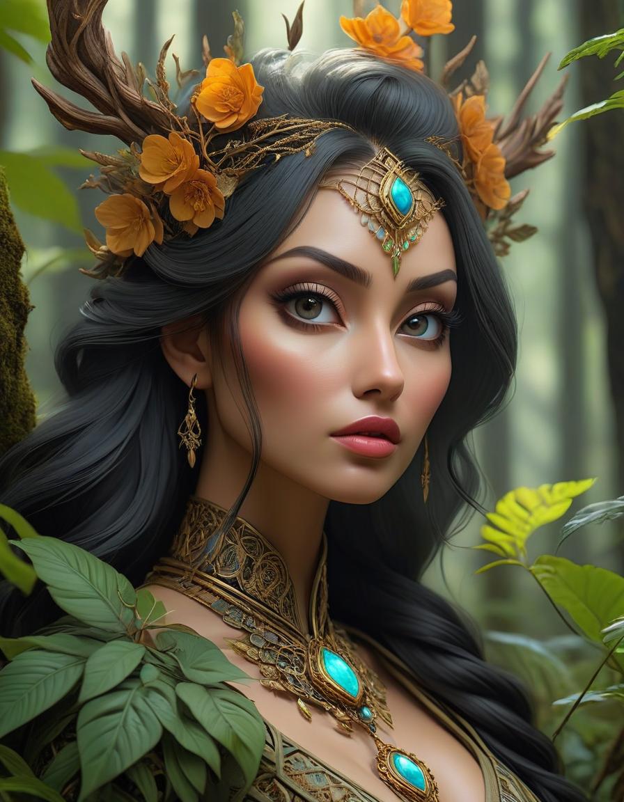  concept art A stunning digital painting of a mysterious forest woman with intricate details, geometric patterns, and surreal elements. The artwork is highly detailed, photorealistic, and beautifully balanced, showcasing a masterful blend of fantasy and realism. . digital artwork, illustrative, painterly, matte painting, highly detailed hyperrealistic, full body, detailed clothing, highly detailed, cinematic lighting, stunningly beautiful, intricate, sharp focus, f/1. 8, 85mm, (centered image composition), (professionally color graded), ((bright soft diffused light)), volumetric fog, trending on instagram, trending on tumblr, HDR 4K, 8K