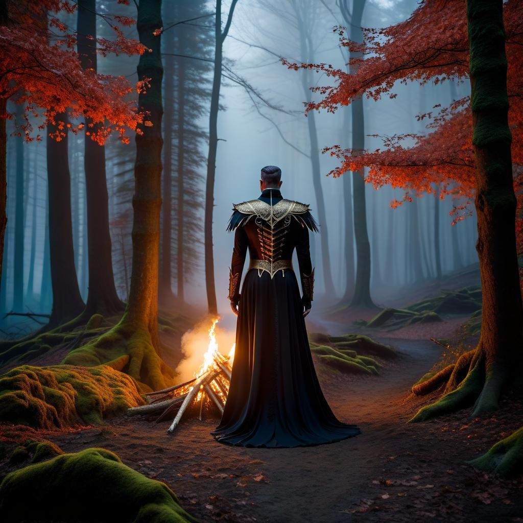  fairy tale The evil Koschei Immortal Stands amidst the malevolent forest, On the ground burn candles Around the fog Koschei skinny On his clothing bones . magical, fantastical, enchanting, storybook style, highly detailed hyperrealistic, full body, detailed clothing, highly detailed, cinematic lighting, stunningly beautiful, intricate, sharp focus, f/1. 8, 85mm, (centered image composition), (professionally color graded), ((bright soft diffused light)), volumetric fog, trending on instagram, trending on tumblr, HDR 4K, 8K