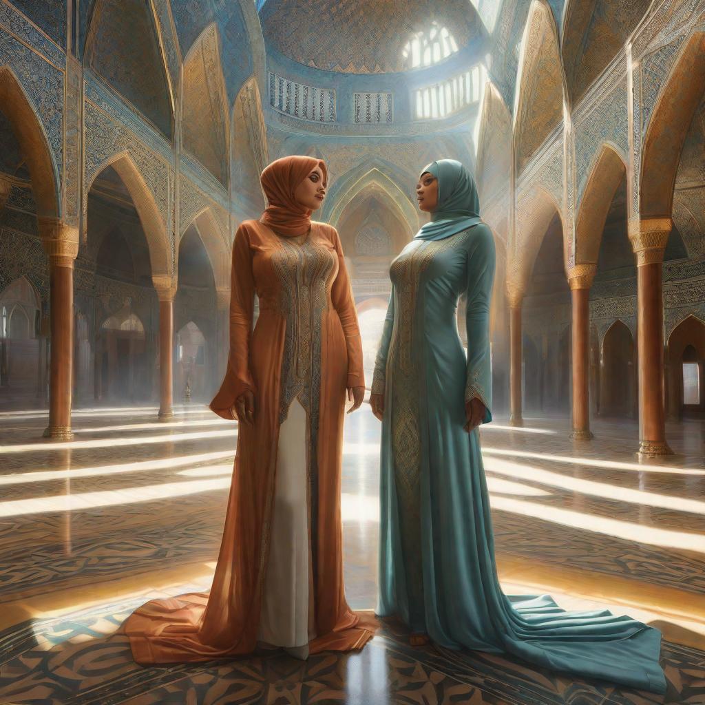  Two women wearing hijab naked on mosque, realistic, portrait, art by donato giancola and greg rutkowski, realistic face, digital art, trending on artstation hyperrealistic, full body, detailed clothing, highly detailed, cinematic lighting, stunningly beautiful, intricate, sharp focus, f/1. 8, 85mm, (centered image composition), (professionally color graded), ((bright soft diffused light)), volumetric fog, trending on instagram, trending on tumblr, HDR 4K, 8K