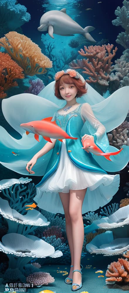  masterpiece, best quality, Most Beautiful in deep sea teeming with vibrant corals, diverse marine life, and enchanting underwater landscapes, full of corals, acrophore, small fishes, anemones, dolphin, various algaes, caves, colorful,all captured in stunning 8k resolution with intricate details,rain,short dress.