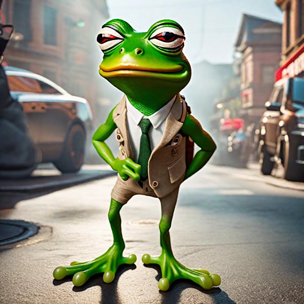  pepe frog hyperrealistic, full body, detailed clothing, highly detailed, cinematic lighting, stunningly beautiful, intricate, sharp focus, f/1. 8, 85mm, (centered image composition), (professionally color graded), ((bright soft diffused light)), volumetric fog, trending on instagram, trending on tumblr, HDR 4K, 8K