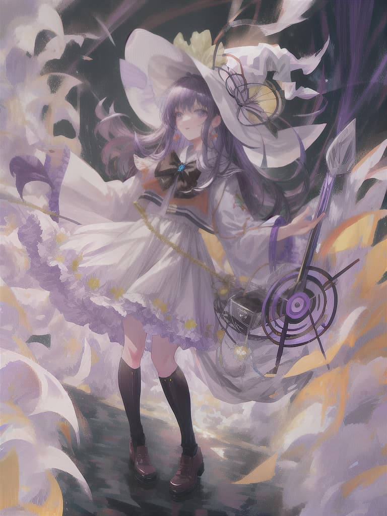  best quality,very long hair,ojousama,female,dusk,sunset,in the ocean, white hair,bangs pinned back,messy hair,white dress,Masterpiece, best quality, super detailed, ilrated, 1 , witch hat, purple eyes, hair, waving purple staff to burst purple energy, purple beam, purple effect, dragon, chaos hyperrealistic, full body, detailed clothing, highly detailed, cinematic lighting, stunningly beautiful, intricate, sharp focus, f/1. 8, 85mm, (centered image composition), (professionally color graded), ((bright soft diffused light)), volumetric fog, trending on instagram, trending on tumblr, HDR 4K, 8K