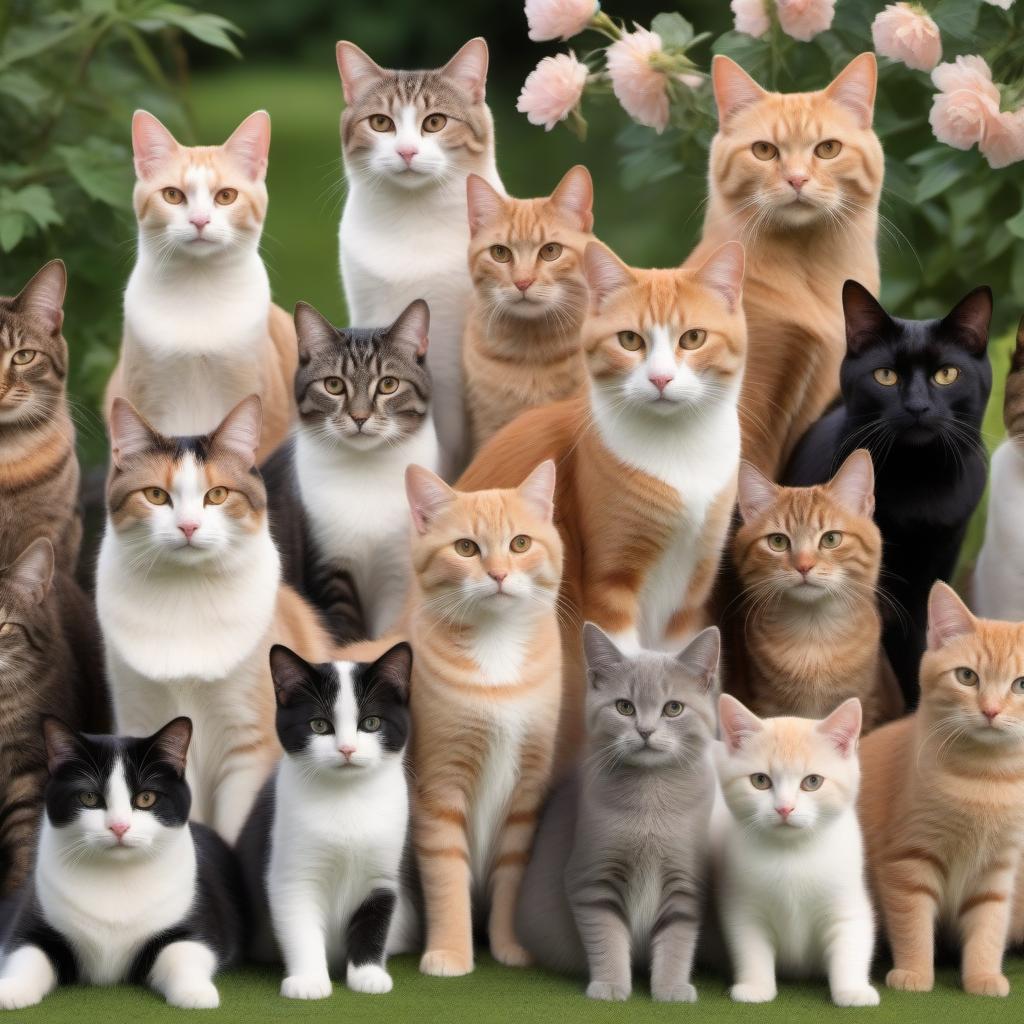  Draw an image with many cats of different breeds against a background of nature in size 1831 × 2539 px, 300 dpi