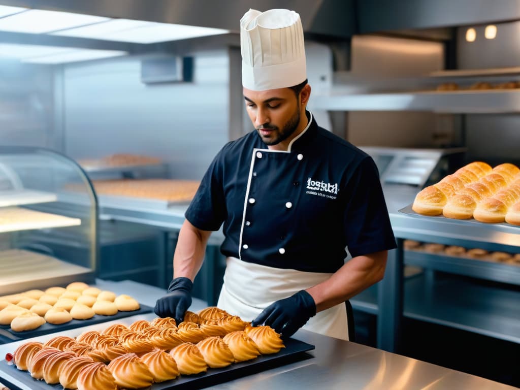  A photorealistic image of a skilled pastry chef in a modern, sustainable bakery, using innovative techniques and tools to create intricate and beautiful pastries. The chef is focused and precise, showcasing the artistry and precision involved in sustainable baking practices. The bakery is filled with natural light, showcasing a clean and ecofriendly environment, with various sustainable baking tools and ingredients neatly organized around the chef. hyperrealistic, full body, detailed clothing, highly detailed, cinematic lighting, stunningly beautiful, intricate, sharp focus, f/1. 8, 85mm, (centered image composition), (professionally color graded), ((bright soft diffused light)), volumetric fog, trending on instagram, trending on tumblr, HDR 4K, 8K