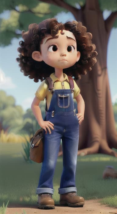  {Riley standing under the tree with eyes closed, making the wish., Riley, a curious with big brown eyes and curly hair, wearing overalls and carrying a small backpack. Their friend, Skye, a bluebird with shiny feathers.