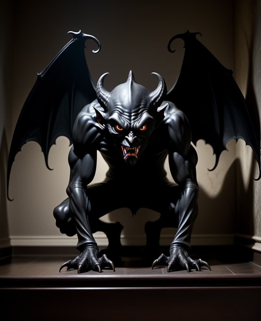  A thin black devil crouching like a gargoyle looks at me from a dark corner. In a dimly lit room. The room is residential with furniture.