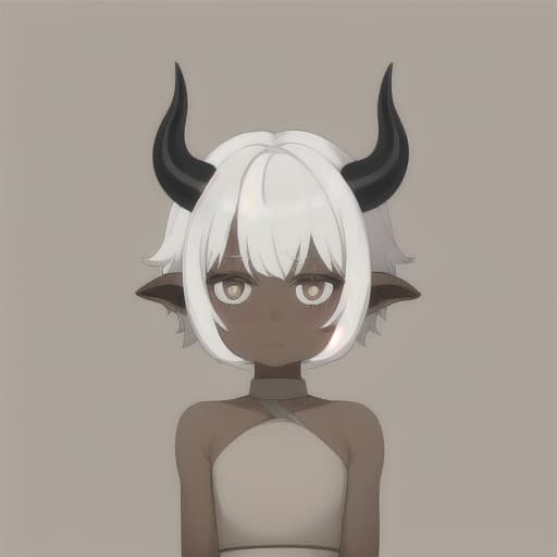  A cute short with beige horns, dark gray skin, white hair, big s.