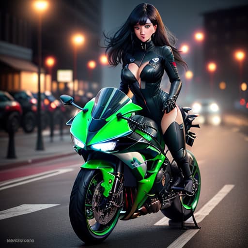  a sweet girl with black hair and brown eyes , she is so beautiful and she was seeting In cycle Kawasaki ninja h2r hyperrealistic, full body, detailed clothing, highly detailed, cinematic lighting, stunningly beautiful, intricate, sharp focus, f/1. 8, 85mm, (centered image composition), (professionally color graded), ((bright soft diffused light)), volumetric fog, trending on instagram, trending on tumblr, HDR 4K, 8K