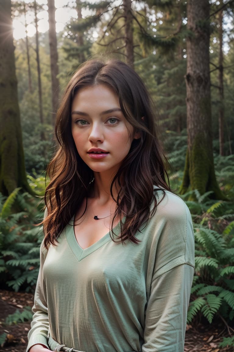  photo of a cute 25-year- woman with dark brown hair and green eyes, wearing a cute in the woods,clothes,woods,, masterpiece, best quality, (photorealistic:1.4), perfect lighting, (photorealism:1.4), beautiful, best quality, aesthetic, high quality, best quality, 4k, , perfect lighting, masterpiece, symmetric eyes