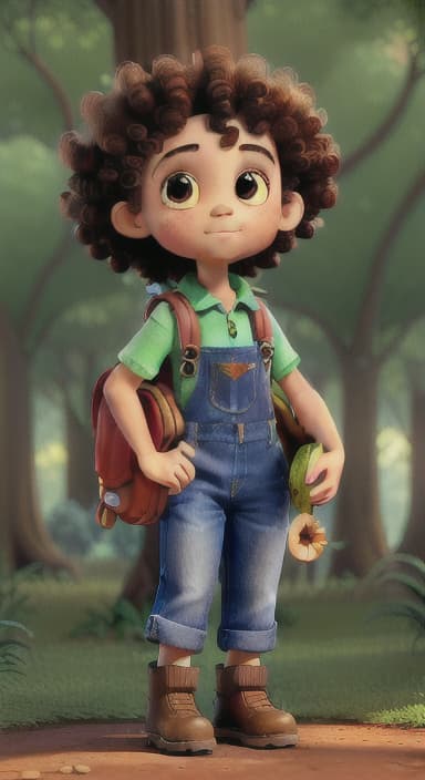  {The tree with a twinkling eye, while its leaves gently rustle., Riley, a curious with big brown eyes and curly hair, wearing overalls and carrying a small backpack. Their friend, Skye, a bluebird with shiny feathers.