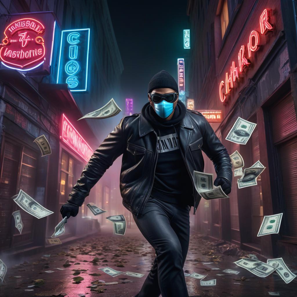  A criminal in a mask flies around money on one of the buildings. On a neon sign, it is written Chokopie Team. hyperrealistic, full body, detailed clothing, highly detailed, cinematic lighting, stunningly beautiful, intricate, sharp focus, f/1. 8, 85mm, (centered image composition), (professionally color graded), ((bright soft diffused light)), volumetric fog, trending on instagram, trending on tumblr, HDR 4K, 8K