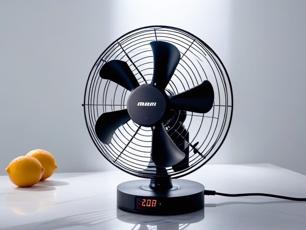  An ultradetailed closeup image of a sleek, modern cooling fan with intricate blades in motion, casting a subtle shadow on a glossy marble countertop. The fan is elegantly designed in a matte black finish, with soft LED lighting creating a mesmerizing glow around its edges. The image captures the essence of efficiency and sophistication, perfectly illustrating the concept of using fans for cooling baked goods in a professional and stylish manner. hyperrealistic, full body, detailed clothing, highly detailed, cinematic lighting, stunningly beautiful, intricate, sharp focus, f/1. 8, 85mm, (centered image composition), (professionally color graded), ((bright soft diffused light)), volumetric fog, trending on instagram, trending on tumblr, HDR 4K, 8K