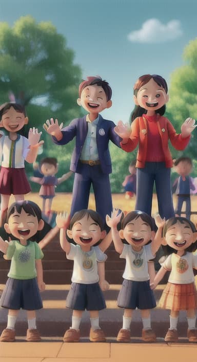  {A heartwarming scene of all the children waving goodbye with happy expressions., Children waving with wide smiles, looking grateful and content.