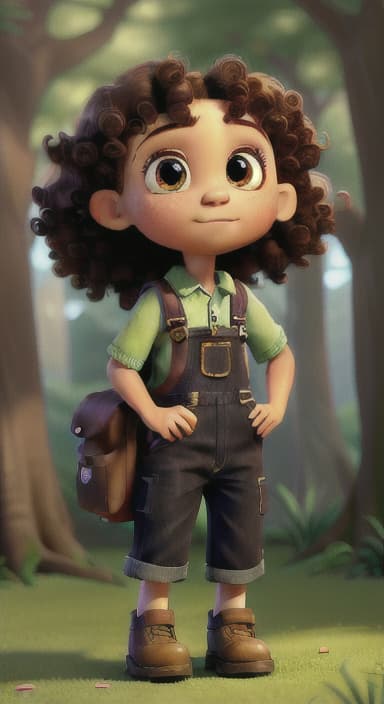  {The tree with a twinkling eye, while its leaves gently rustle., Riley, a curious with big brown eyes and curly hair, wearing overalls and carrying a small backpack. Their friend, Skye, a bluebird with shiny feathers.