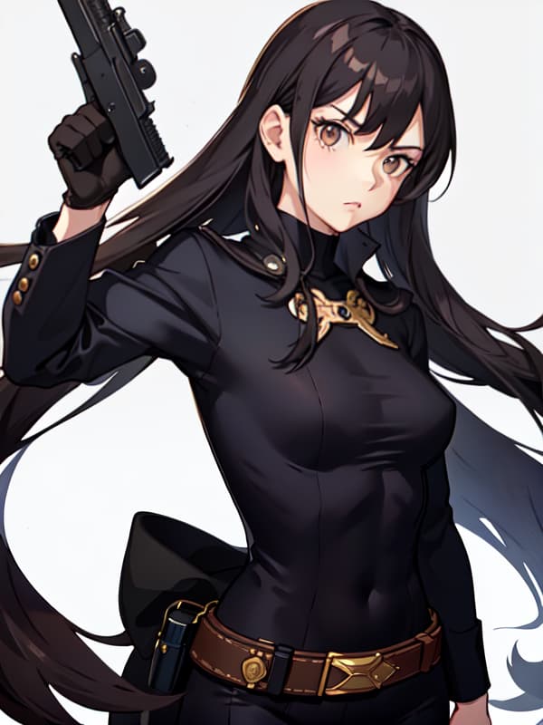  detective woman, body, vintage clothes, black long hair, pose, whole body, covered body, white background, edgy, serious, gun, brown, black, white