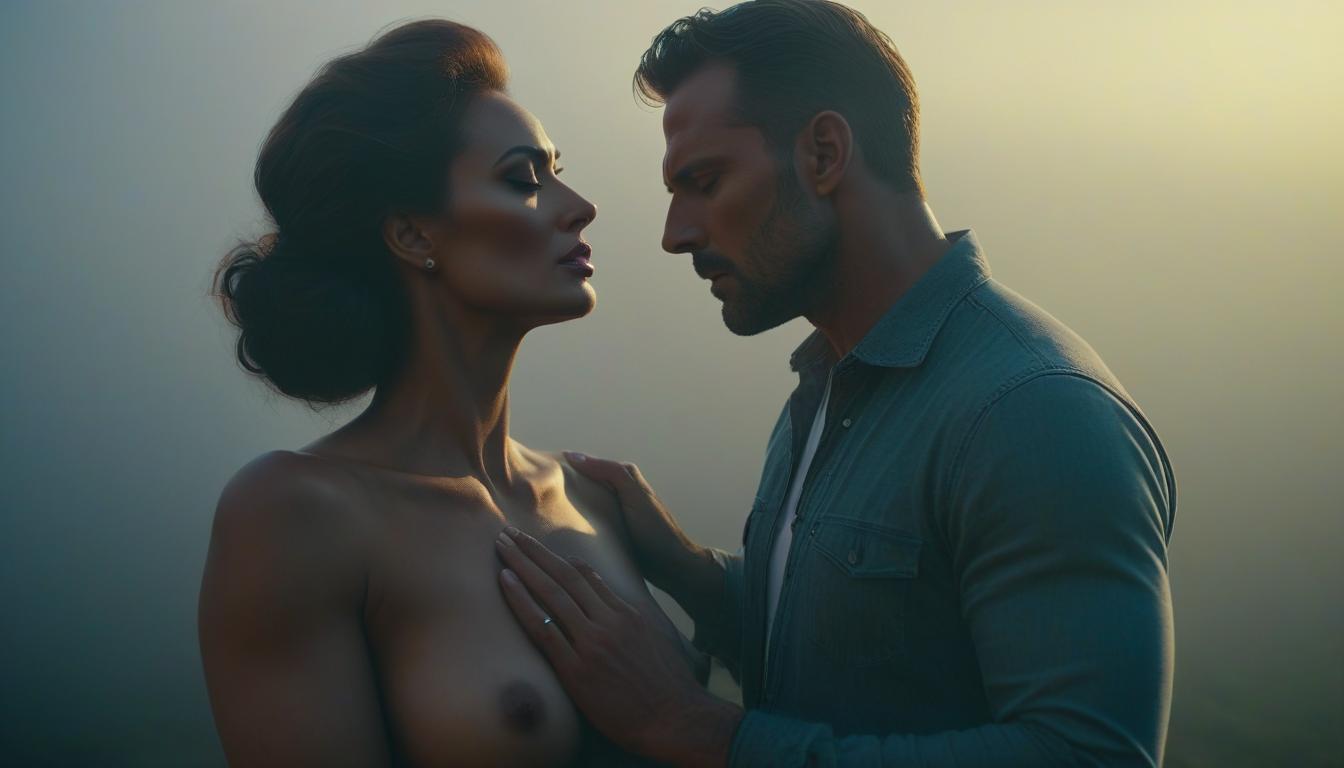  A man gently strokes a woman's neck. hyperrealistic, full body, detailed clothing, highly detailed, cinematic lighting, stunningly beautiful, intricate, sharp focus, f/1. 8, 85mm, (centered image composition), (professionally color graded), ((bright soft diffused light)), volumetric fog, trending on instagram, trending on tumblr, HDR 4K, 8K