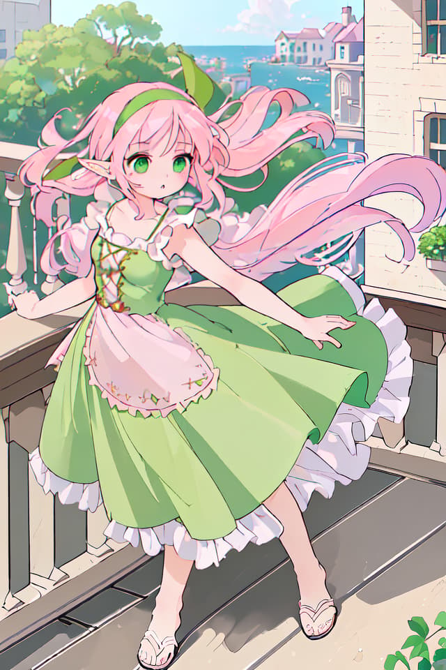  (Best masterpiece: 1.5),(Highest image quality),(Super detail),(Super precision),(Super beautiful CG),(8K),1girl,elf,solo,green eyes,pink hair,hair parted in the center ,（close up）,headband,ONE PIECE,sandals,hair blowing in the wind,balcony ,midday sunshine,high angle,