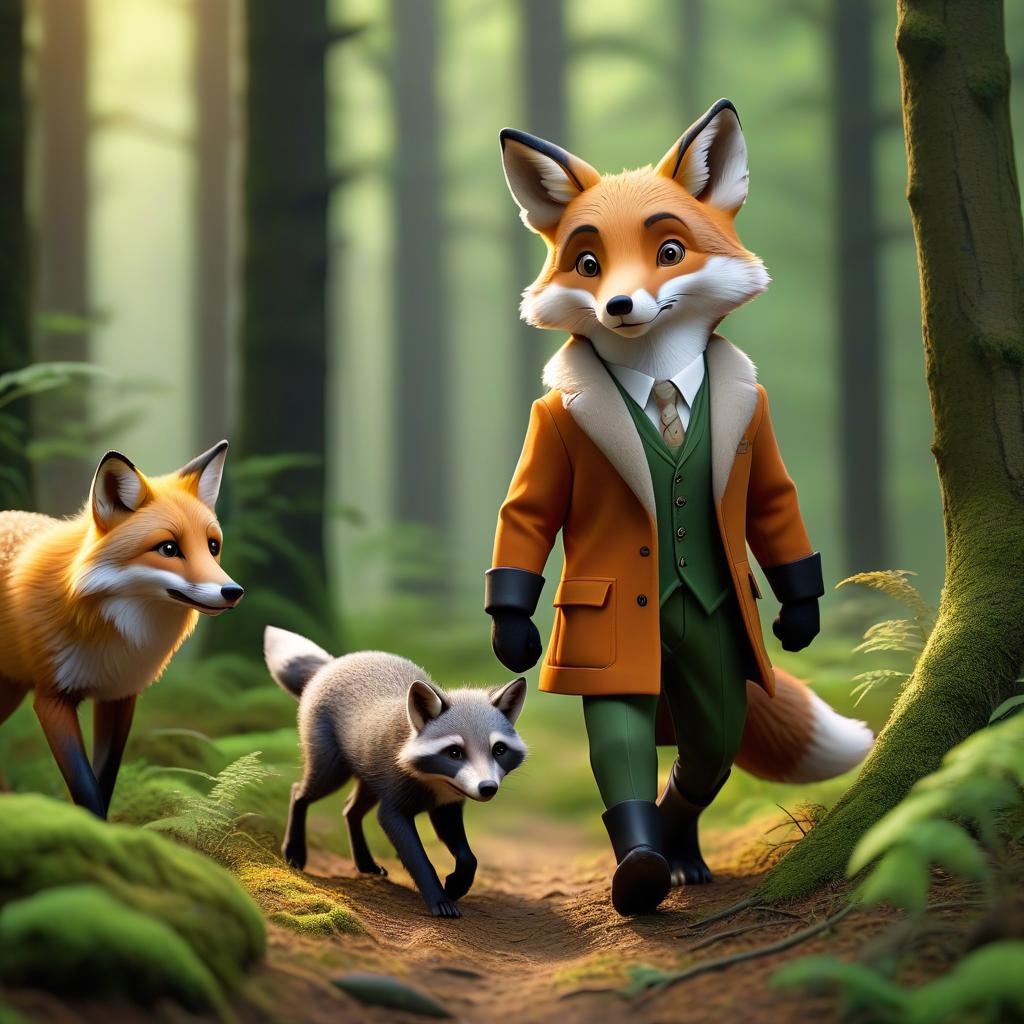  concept art A cute fox, a wolf, a deer, and a badger are walking through the forest. . digital artwork, illustrative, painterly, matte painting, highly detailed hyperrealistic, full body, detailed clothing, highly detailed, cinematic lighting, stunningly beautiful, intricate, sharp focus, f/1. 8, 85mm, (centered image composition), (professionally color graded), ((bright soft diffused light)), volumetric fog, trending on instagram, trending on tumblr, HDR 4K, 8K