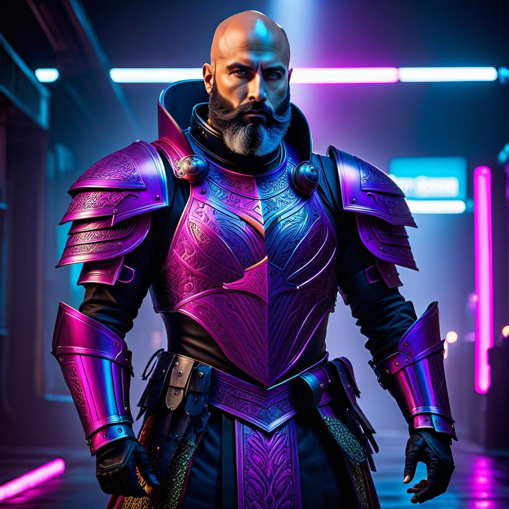  neonpunk style A bald, bearded warrior in knightly armor, without a helmet. . cyberpunk, vaporwave, neon, vibes, vibrant, stunningly beautiful, crisp, detailed, sleek, ultramodern, magenta highlights, dark purple shadows, high contrast, cinematic, ultra detailed, intricate, professional hyperrealistic, full body, detailed clothing, highly detailed, cinematic lighting, stunningly beautiful, intricate, sharp focus, f/1. 8, 85mm, (centered image composition), (professionally color graded), ((bright soft diffused light)), volumetric fog, trending on instagram, trending on tumblr, HDR 4K, 8K