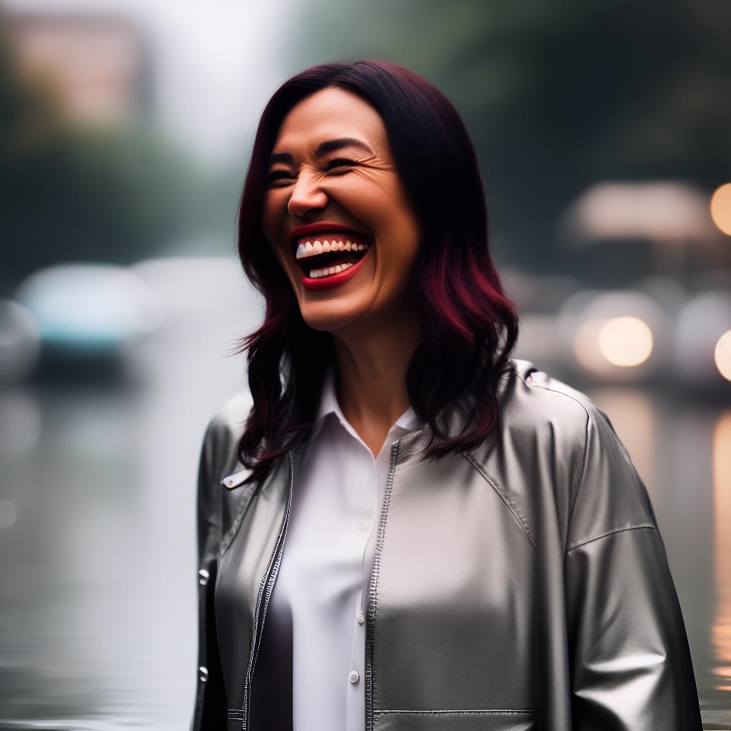  someone laughing in the rain, using high shutter speed to freeze raindrops hyperrealistic, full body, detailed clothing, highly detailed, cinematic lighting, stunningly beautiful, intricate, sharp focus, f/1. 8, 85mm, (centered image composition), (professionally color graded), ((bright soft diffused light)), volumetric fog, trending on instagram, trending on tumblr, HDR 4K, 8K