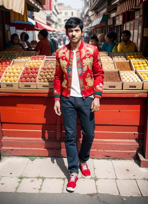  Indian man in a vibrant red bomber jacket with intricate embroidery, standing against a bustling marketplace backdrop with colorful spices and textiles in the foreground. High detail, sharp focus, styles for printing, advanced detail processing. style RAW,ADVERTISING PHOTO,high quality,masterpiece