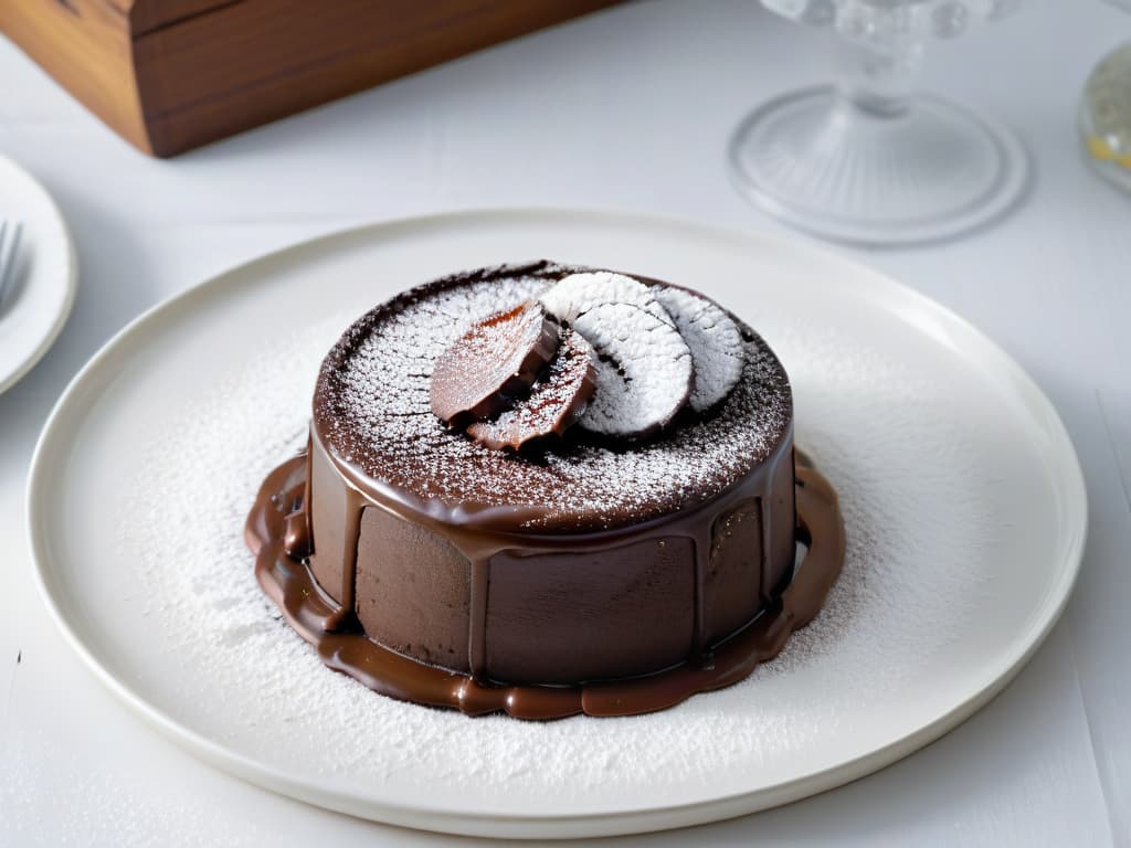  A closeup, photorealistic image of a decadent chocolate lava cake being sliced open, revealing a molten, gooey center oozing out onto a pristine white plate. The rich, glossy chocolate contrasts beautifully with the soft, moist cake, and a dusting of powdered sugar delicately tops the dessert, adding a touch of elegance to the presentation. The warm, inviting aroma seems to waft off the screen, making the viewer almost able to taste the perfect balance of sweetness and indulgence captured in this delectable treat. hyperrealistic, full body, detailed clothing, highly detailed, cinematic lighting, stunningly beautiful, intricate, sharp focus, f/1. 8, 85mm, (centered image composition), (professionally color graded), ((bright soft diffused light)), volumetric fog, trending on instagram, trending on tumblr, HDR 4K, 8K