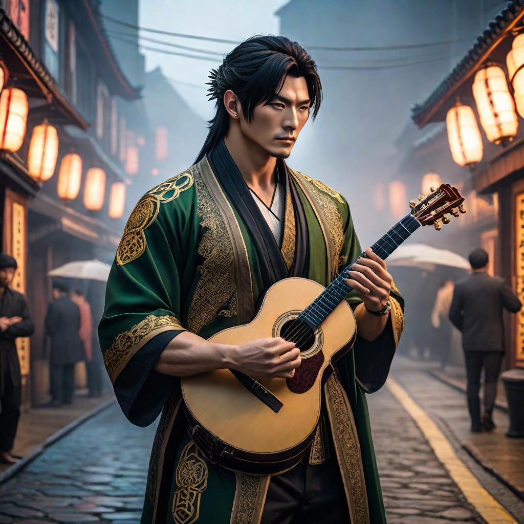  Picture a person whose music list consists of 16% of japanese celtic genre, 16% of japanese soundtrack genre, 50% of anime score genre, 16% of anime genre. This person's style should reflect all the music genres he listens to, from more to less, depending on their dominance. hyperrealistic, full body, detailed clothing, highly detailed, cinematic lighting, stunningly beautiful, intricate, sharp focus, f/1. 8, 85mm, (centered image composition), (professionally color graded), ((bright soft diffused light)), volumetric fog, trending on instagram, trending on tumblr, HDR 4K, 8K