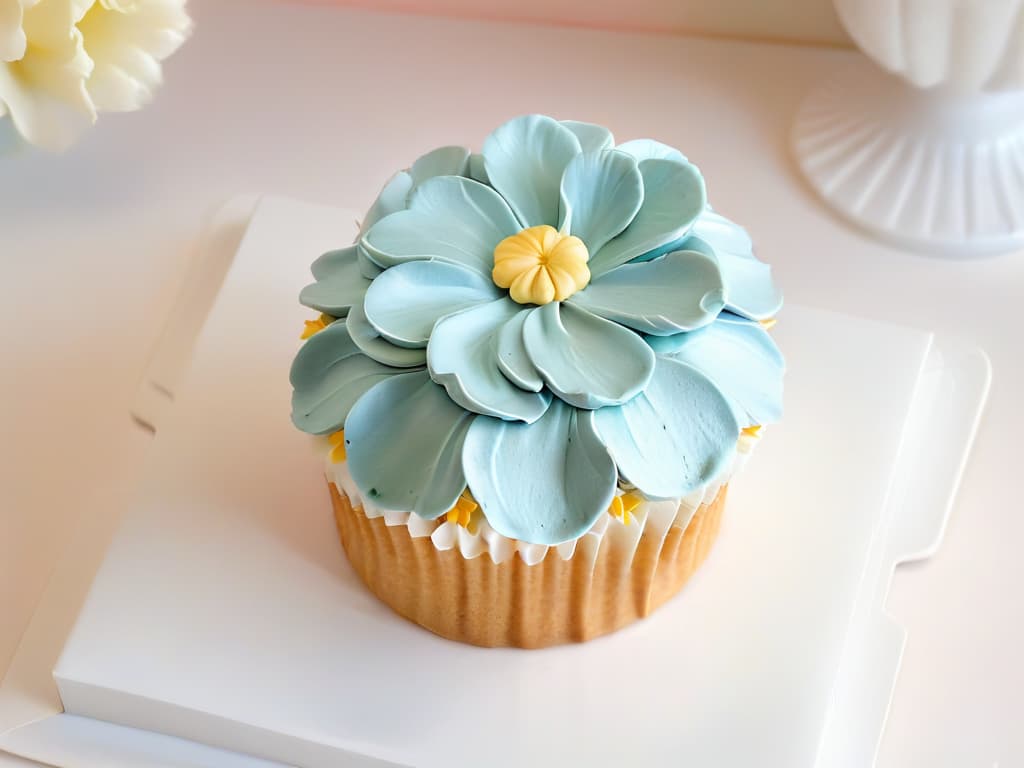  A closeup, ultradetailed image of a perfectly frosted cupcake with intricate floral decorations made of fondant, placed on a simple, elegant white plate. The frosting is smooth and glossy, reflecting the light in a captivating way, highlighting the delicate petals of the fondant flowers. The colors are pastel and harmonious, creating a visually stunning and appetizing minimalistic composition. hyperrealistic, full body, detailed clothing, highly detailed, cinematic lighting, stunningly beautiful, intricate, sharp focus, f/1. 8, 85mm, (centered image composition), (professionally color graded), ((bright soft diffused light)), volumetric fog, trending on instagram, trending on tumblr, HDR 4K, 8K