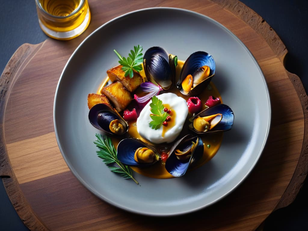  A highresolution, minimalist image of a beautifully plated dish showcasing a fusion of Australian and New Zealand cuisine, featuring colorful elements like grilled kangaroo meat, New Zealand greenlipped mussels, Tasmanian pepperberries, and native herbs. The dish is artistically presented on a sleek, modern plate against a simple, elegant backdrop, highlighting the vibrant colors and textures of the ingredients. hyperrealistic, full body, detailed clothing, highly detailed, cinematic lighting, stunningly beautiful, intricate, sharp focus, f/1. 8, 85mm, (centered image composition), (professionally color graded), ((bright soft diffused light)), volumetric fog, trending on instagram, trending on tumblr, HDR 4K, 8K