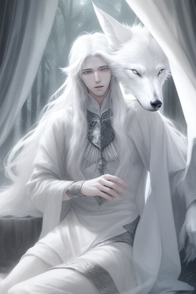  White wolf who regrets tears, long hair, beautiful young man, fantasy