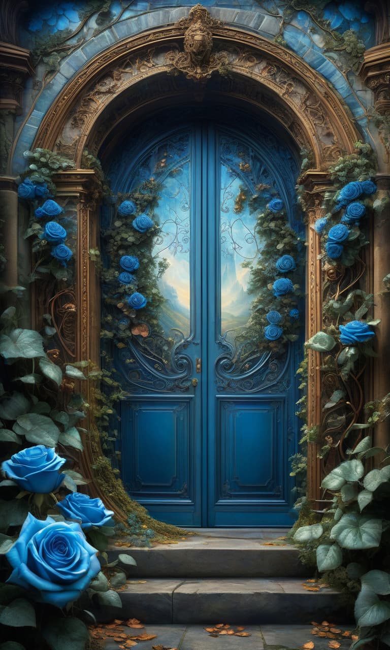  Oil Painting. Surrealistic digital image with double exposure and (dissolving textures). (Door to a fairy tale: 1,2). With unusual design. Forged, strange, bizarre:: intricate wrought iron elements in the spirit of Scandinavian ornaments. Intricate floral decoration:: Blue roses, ivy, ornamentation:: plateresco. Background:: surreal abstractionism with elements of masonry covered with ivy and roses. Hyper detailing, intricacy. Fantasy, creativity. Harmony of blue and copper shades. Exquisite rocaille and fantasy surrealism. Decorative excesses. Josephine Wall. Fragonard and Antoine Watteau. Sabbas Aptheros, Alfonso Mucha, Carole Buck, Andrew Jones, Gustav Klimt. High detail. High contrast. High quality. HDR hyperrealistic, full body, detailed clothing, highly detailed, cinematic lighting, stunningly beautiful, intricate, sharp focus, f/1. 8, 85mm, (centered image composition), (professionally color graded), ((bright soft diffused light)), volumetric fog, trending on instagram, trending on tumblr, HDR 4K, 8K